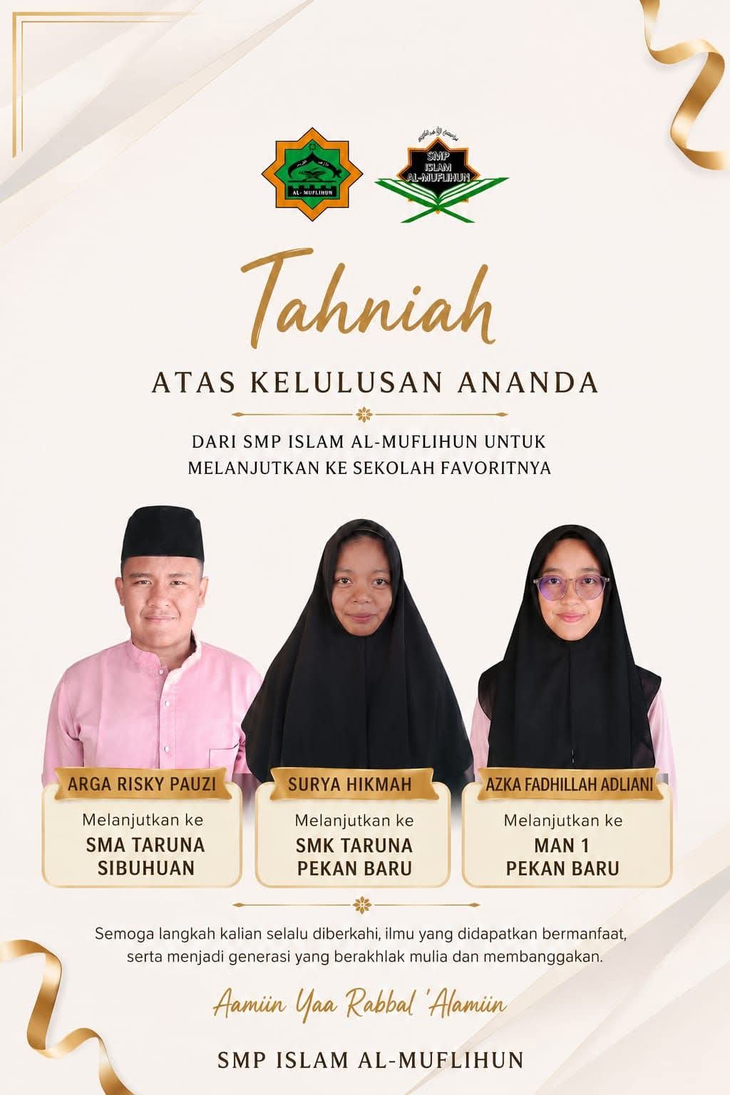 SISWA DAN SISWI SMP ISLAM ALMUFLIHUN LOLOS KE SEKOLAH FAVORIT